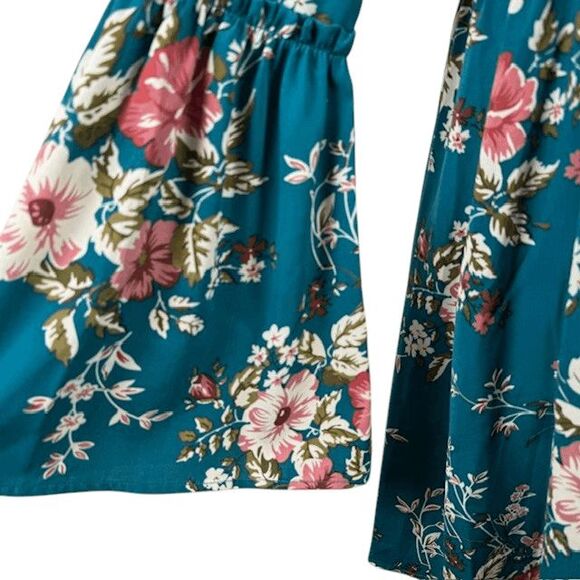 Altar'd State Floral Teal Long Sleeve Dress Empire Waist Bell Sleeves Size Small - Picture 2 of 11